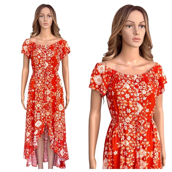 Abel the Label Rustica Floral orange hi-low midi dress Off Shoulder Ruffle Small - Picture 1 of 13
